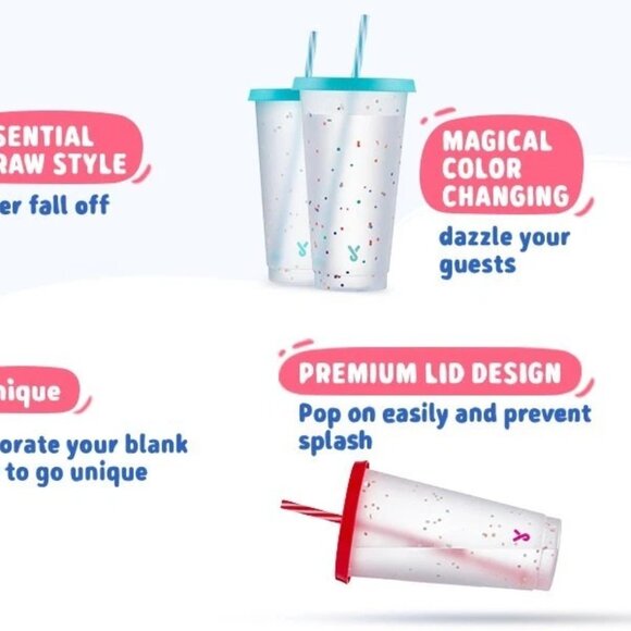 12pk 24oz Confetti Color Changing Cups w/ Lid & Straw for Party/Holiday Reusable - Picture 8 of 8